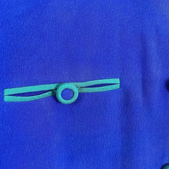 Shomi 100% Silk Blue Button Up Vintage Blouse Teal Green Trim NWT $198 Retro - Picture 7 of 9